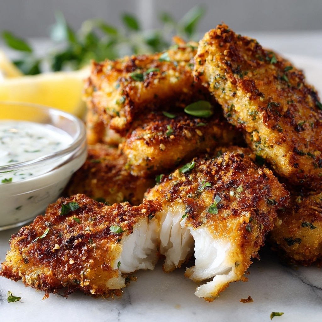 The image shows several pieces of golden-brown fried fish on a white surface with a white marbled texture. The fish pieces have a crispy, textured coating with browned spots and flecks of herbs. The focus is on a piece of fish that is broken in half, revealing white, flaky inside layers. Behind the fish is a small clear bowl filled with a white dipping sauce. There are green garnish sprigs and a yellow slice of lemon blurred in the background. The lighting is bright and natural, giving a fresh and appetizing look. Photo taken with an iphone --ar 4:5 --v 7