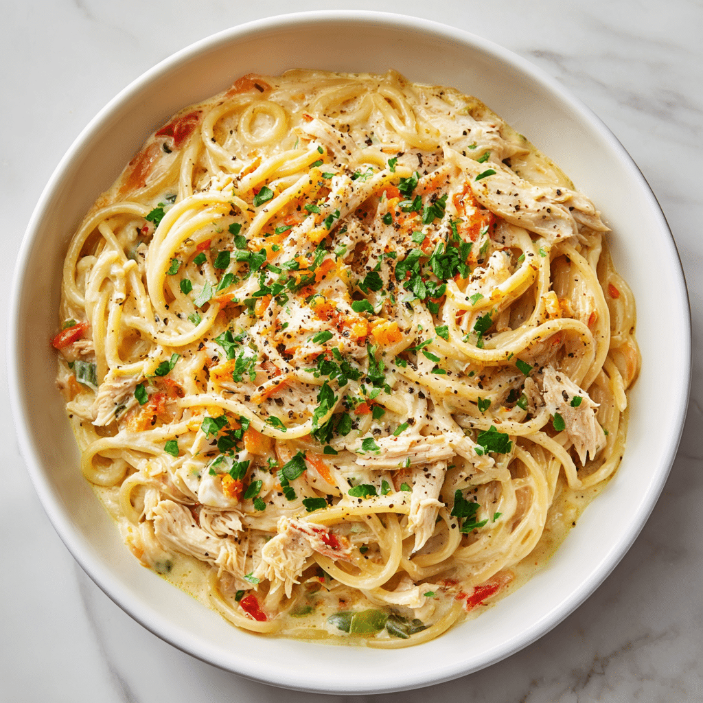 A close-up view of a creamy chicken pasta dish served in a white bowl, showing one main layer of spaghetti noodles coated in a thick, light beige sauce with shredded chicken pieces mixed evenly throughout. Scattered small chunks of red tomatoes and tiny green herb bits add pops of color on the noodles and sauce. The texture is smooth and rich, with strands of spaghetti intertwined and covered by the sauce, set against a white marbled surface in the background. photo taken with an iphone --ar 4:5 --v 7
