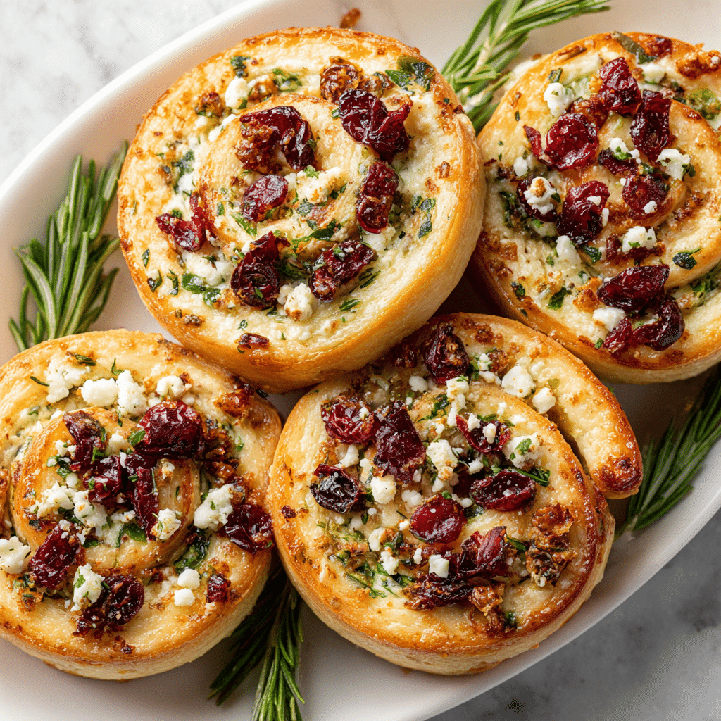 The image shows six golden-brown pinwheel rolls on a wooden board, each with a spiral shape revealing layers of soft dough mixed with green herbs, bright red cranberries, and white creamy cheese crumbles on top. The rolls have a slightly crispy outside with small flecks of herbs stuck to the surface, and the deep red cranberries peek through the layers, adding color contrast. Fresh rosemary sprigs and a few loose cranberries are scattered around the board, enhancing the rustic look. The background features a white marbled texture with soft blurred elements, making the rolls the main focus. Photo taken with an iphone --ar 4:5 --v 7