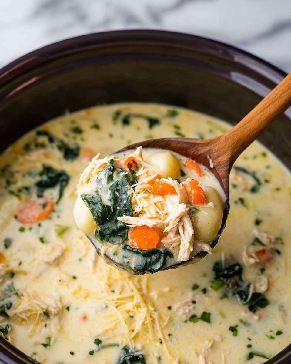 A white bowl filled with creamy chicken gnocchi soup, showing three layers: the bottom layer is a thick white creamy broth, the middle layer has soft yellow gnocchi mixed evenly throughout, and the top layer is shredded white chicken pieces with bright orange carrot chunks and dark green spinach leaves sprinkled with small bits of parsley. The bowl sits on a beige napkin on a wooden board, with a gold spoon placed to the left side. Behind the bowl, there are two crusty torn bread rolls resting on the board, and a small white bowl filled with shredded yellow cheese. To the back left, a textured brown glass filled with a dark drink with ice cubes and a green leafy plant is visible. In the background on the right side, a white ceramic jar holds wooden kitchen utensils. The surface below everything is a white marbled texture. photo taken with an iphone --ar 4:5 --v 7