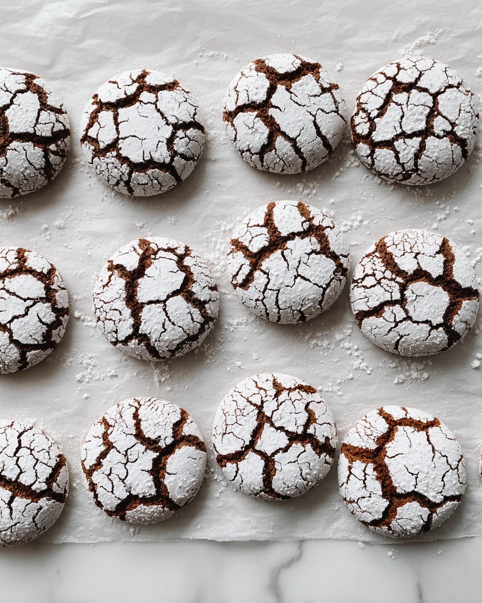 Twelve round cookies arranged in three rows on white baking paper, each cookie has a cracked, textured top layer covered with white powdered sugar revealing dark brown dough underneath through the cracks. The cookies have a soft matte finish with irregular patterns from the powdered sugar and cracks. The background shows a subtle white marbled texture around the edges of the baking paper. photo taken with an iphone --ar 4:5 --v 7