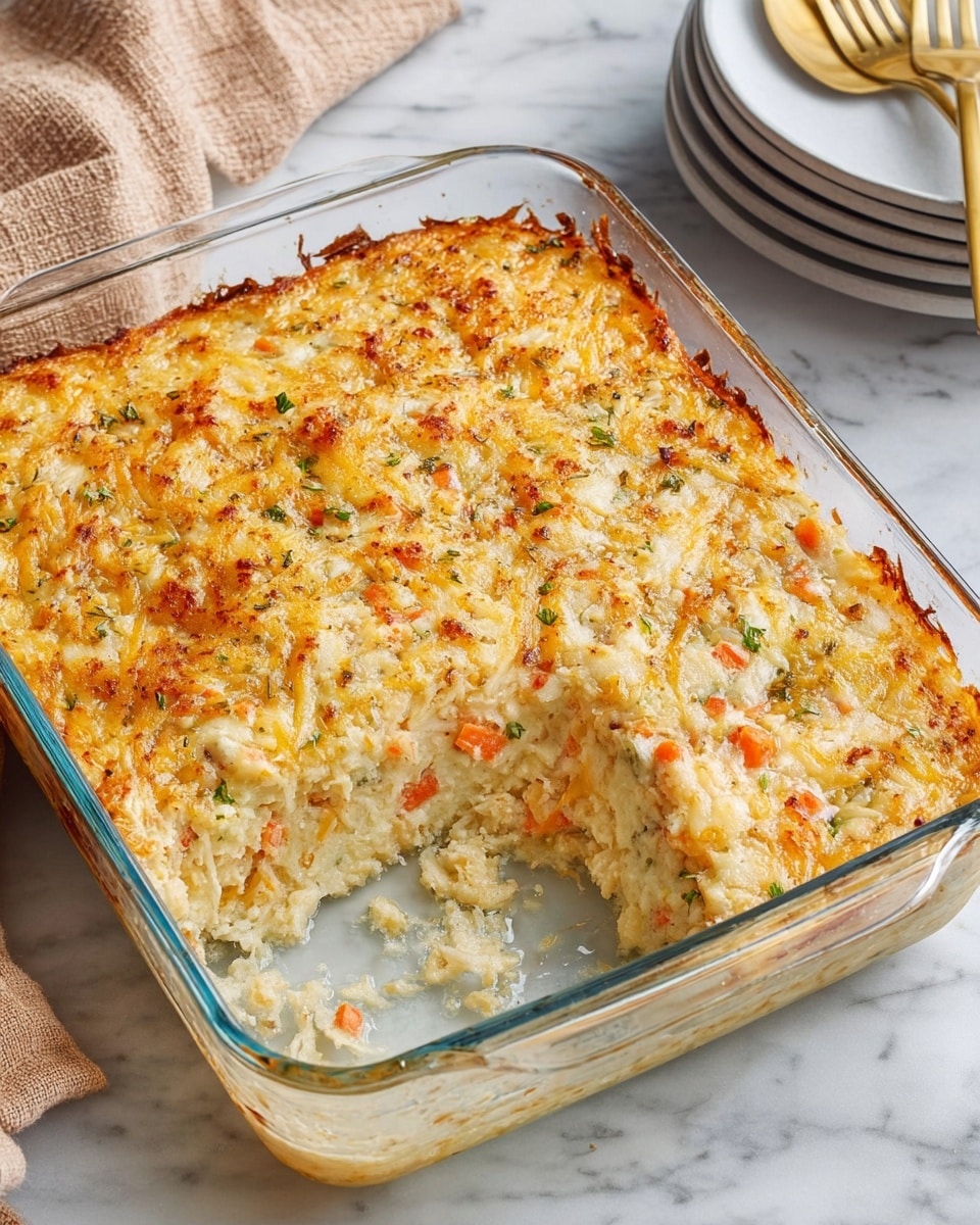 A square glass baking dish holds a creamy layered casserole with a golden-brown top sprinkled with melted shredded cheese and light reddish seasoning, showing a slightly crispy texture. The casserole has at least two visible layers, with a thick creamy mixture containing small bits of orange and green vegetables, suggesting a rich, soft, and cheesy inside. A portion has been scooped out from one corner, revealing the thick filling with vegetables inside. The dish sits on a white marbled surface, near a stacked set of white plates with gold-colored cutlery resting on them. A beige cloth napkin is partially visible in the upper left corner. Photo taken with an iphone --ar 4:5 --v 7