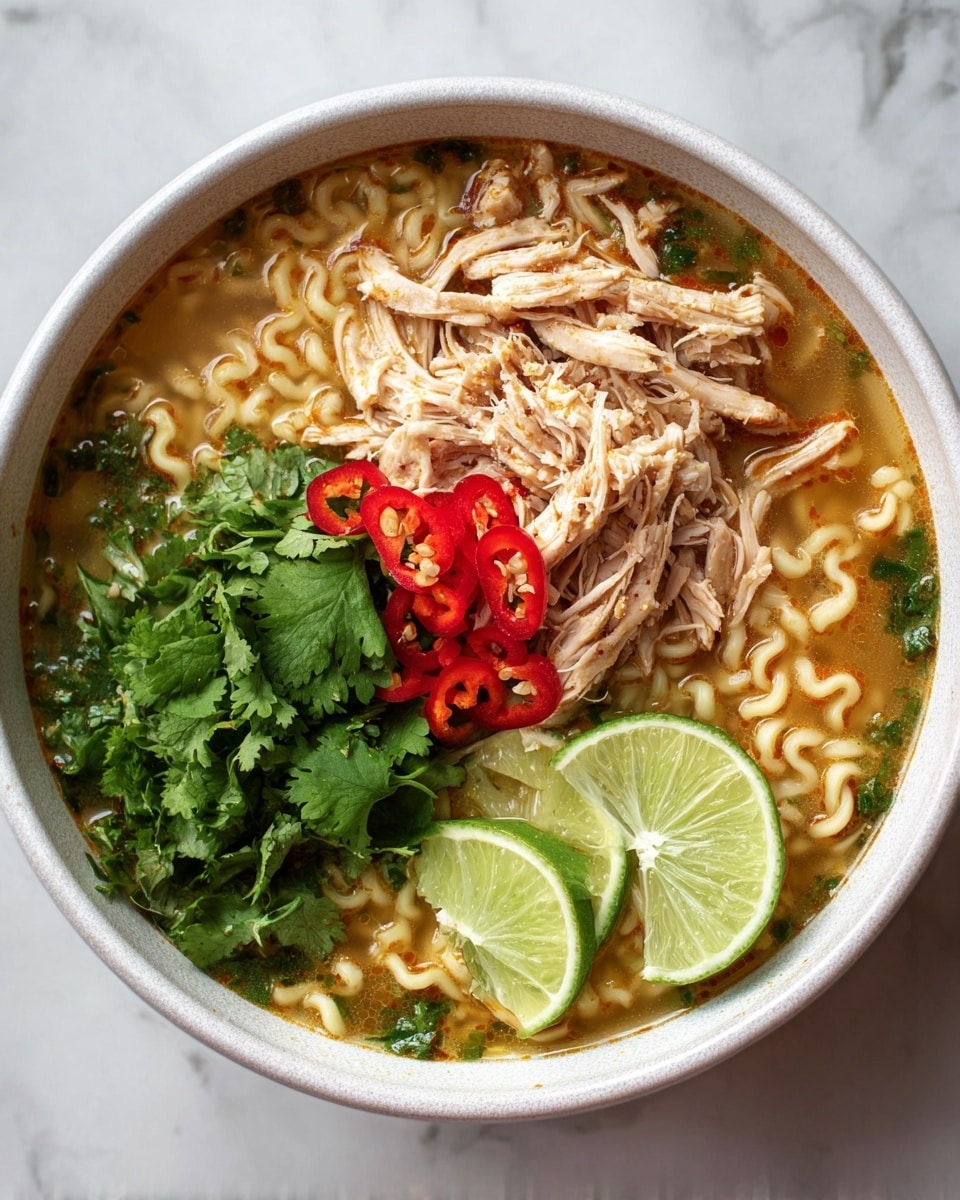 A white bowl filled with a warm soup that has three main layers: the bottom layer is light brown broth with small chopped green herbs floating on top, the middle layer is curly, pale yellow noodles partially submerged in the broth, and the top layer features shredded light tan chicken piled in the center with fresh green cilantro leaves on one side, bright red sliced chili peppers near the chicken, and two lime wedges resting on the noodles. The bowl is set on a white marbled surface. Photo taken with an iphone --ar 4:5 --v 7