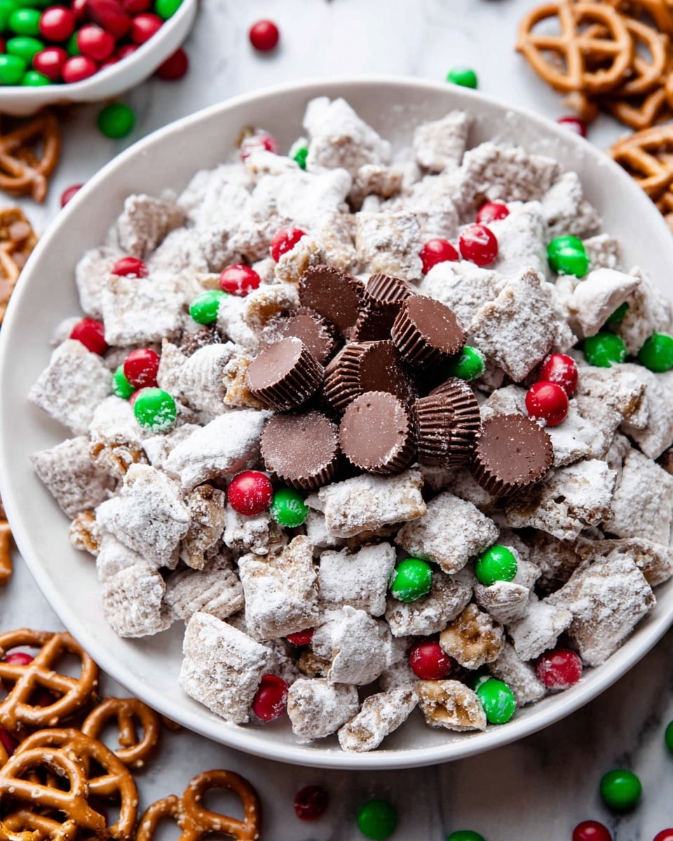 A large white bowl filled with a mixture of three main layers: the base layer consists of crunchy pretzel pieces covered in white powdered sugar, giving them a rough, powdery texture; the middle layer is made of small, colorful red and green candy-coated chocolates scattered evenly throughout; the top layer has small chocolate peanut butter cups, some whole and some cut in half, showing their smooth, dark brown centers and ridged edges. The bowl sits on a white marbled surface with some loose candies and pretzel pieces on the side. Photo taken with an iphone --ar 4:5 --v 7