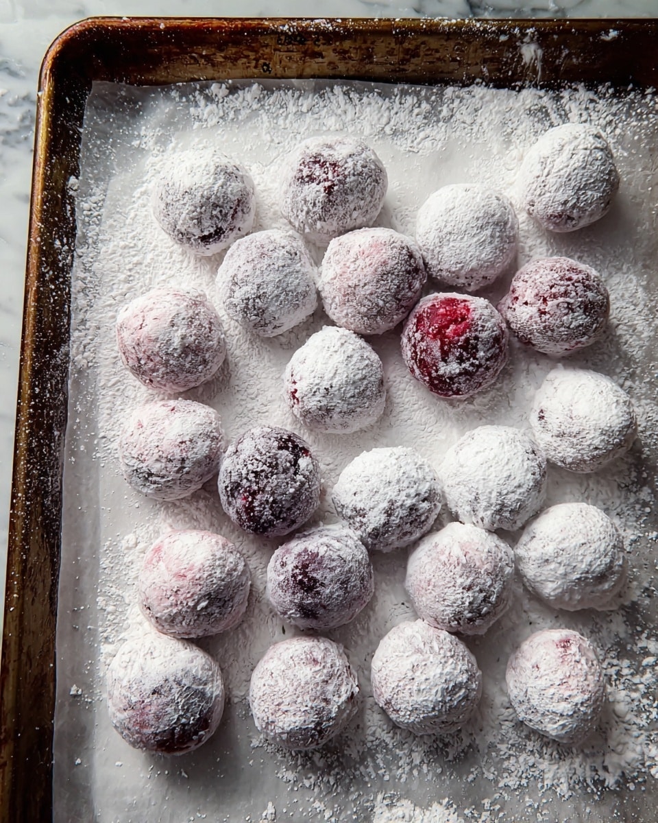 A dark metal baking tray lined with white parchment paper is filled with many small round berries covered in a thick layer of white powdered sugar, giving them a rough, snowy texture with hints of red peeking through. The tray rests on a white kitchen mat decorated with red snowflake patterns, placed on a dark counter with a shiny finish. A woman’s hand with long, decorated nails, some gold and some white with glitter, reaches in from the left side, gently touching the sugared berries photo taken with an iphone --ar 4:5 --v 7