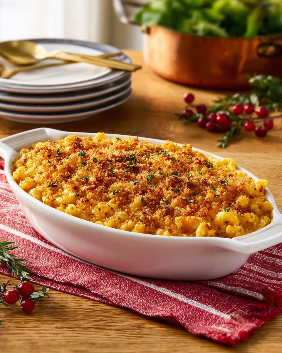 A white oval baking dish filled with one thick layer of baked macaroni and cheese topped evenly with a golden-brown crumbly crust sprinkled with green herbs and red spice bits, sitting on a red and white striped cloth on a wooden table. In the background, a stack of white plates with blue rims and a gold spoon lie on the table, with a copper pan holding green and red vegetables blurred behind. Small sprigs of greenery with red berries are scattered around the dish. photo taken with an iphone --ar 4:5 --v 7