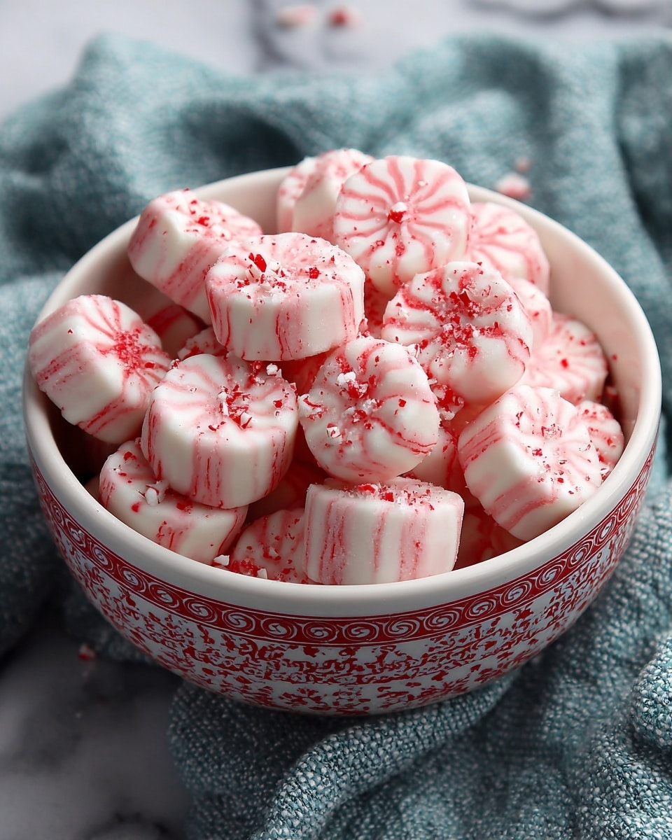 A bowl filled with small round peppermint candies, each candy showing white and pink swirls with a soft sugary texture and crushed red candy pieces sprinkled on top. The candies are piled high in a white bowl with a red decorative pattern around the outside. The bowl sits on a white marbled surface, and a textured blue cloth is placed nearby. Photo taken with an iphone --ar 4:5 --v 7