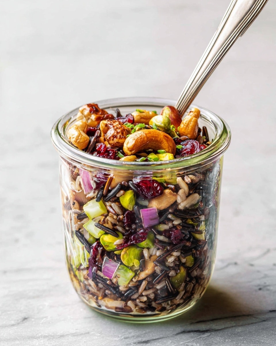 A clear glass jar filled with a colorful mixture of wild rice, bright green pistachios, orange-brown cashews, deep red dried cranberries, small diced purple onions, and pale green celery pieces, all layered together visibly with a metal spoon tucked inside. The jar sits on a white marbled textured surface, showing the textured nuts and fresh veggies that contrast with the dark wild rice strands. Photo taken with an iphone --ar 4:5 --v 7