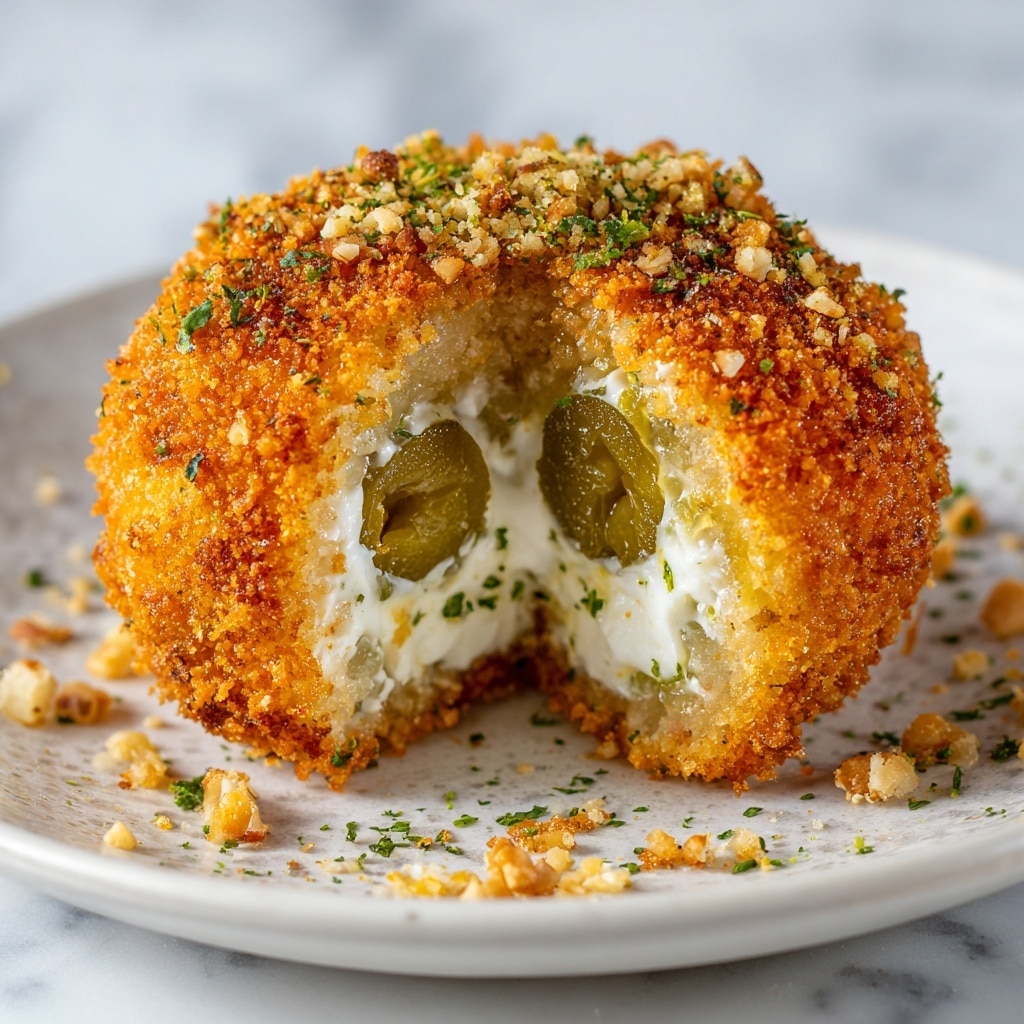 A single round fried ball is shown, cut open to reveal its inside. The outer layer is a golden-orange crispy crumb coating with a rough texture, sprinkled with small pieces of chopped nuts and green herbs on top. Inside, there is a thick white creamy layer with visible small green herb pieces mixed in, surrounding bright green pickle slices at the center. The ball sits on a white plate with a subtle pattern, scattered with small pieces of nuts and green herb bits, all placed on a white marbled surface. photo taken with an iphone --ar 4:5 --v 7
