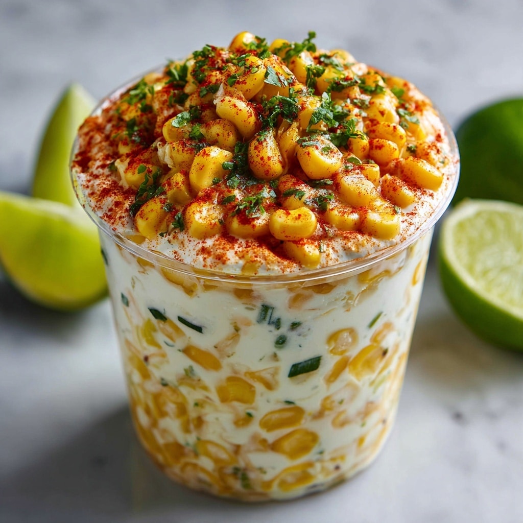 A clear plastic cup filled with a three-layered corn dish: the bottom layer is a mix of yellow corn kernels and white creamy sauce with bits of green herbs; the middle layer is similar with more creamy sauce visible, making the corn look soft and mixed; the top layer is piled high with yellow corn kernels covered in white creamy sauce, sprinkled with red paprika powder and fresh chopped green cilantro, giving a colorful contrast. Next to the cup are two lime wedges on a white marbled texture surface. photo taken with an iphone --ar 4:5 --v 7