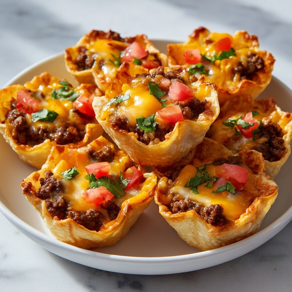 The image shows several small taco cups arranged closely together on a white bowl with a dark blue rim. Each taco cup has three visible layers: a crunchy yellow corn shell forming the base and sides, a middle layer of cooked ground beef with a crumbly texture and deep brown color, and a top layer with melted bright orange cheddar cheese. Fresh red diced tomatoes and small green cilantro leaves are scattered on top of the cheese for a fresh contrast. The taco cups' edges are ruffled and golden, and the whole dish sits on a white marbled surface. Photo taken with an iphone --ar 4:5 --v 7
