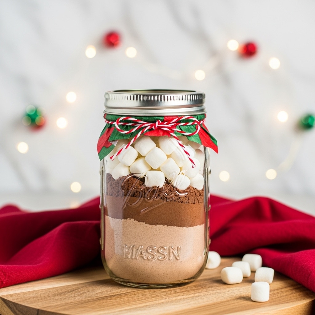 A clear glass mason jar filled with three visible layers: the bottom layer is a light brown powder, the middle layer is a darker brown cocoa powder, and the top layer is a pile of small white marshmallows. The jar is sealed with a silver lid, topped with crumpled red and green tissue paper. A red and white striped string is wrapped around the jar below the marshmallows. The jar sits on a round wooden surface with a red cloth draped nearby, all set against a background with blurred festive lights on a white marbled texture. photo taken with an iphone --ar 4:5 --v 7