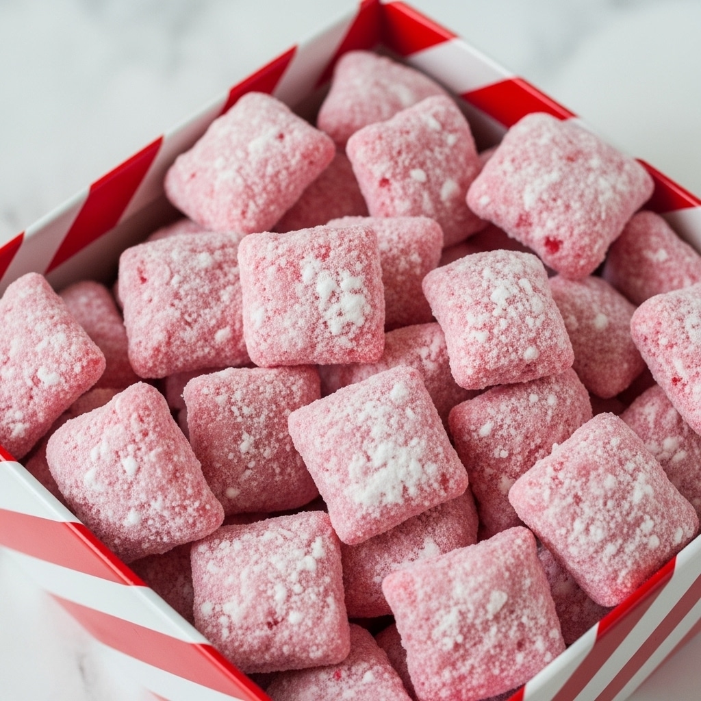 A close-up image of a gift box filled with bite-sized, pink and white coated snacks. The snacks are irregularly shaped, mostly square and some triangular, with a powdery white coating that mixes with the pink underneath, creating a textured and slightly rough surface. The box has red and white diagonal candy cane stripes and is set against a white marbled textured background. photo taken with an iphone --ar 4:5 --v 7
