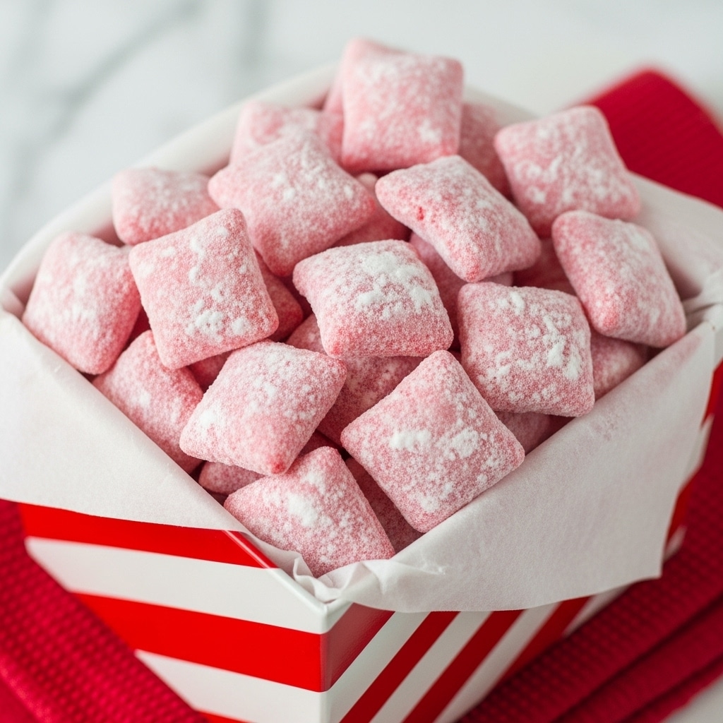 The image shows a close-up of a festive box filled with pink, powder-coated square snacks that look soft and slightly crumbly, each piece dusted lightly with white powder. The box is white with red diagonal stripes, and it sits on a white marbled surface with a red textured cloth beneath it. The snacks fill the box fully, some stacked, showing slightly rough and uneven edges, creating a cozy and inviting look. Photo taken with an iphone --ar 4:5 --v 7