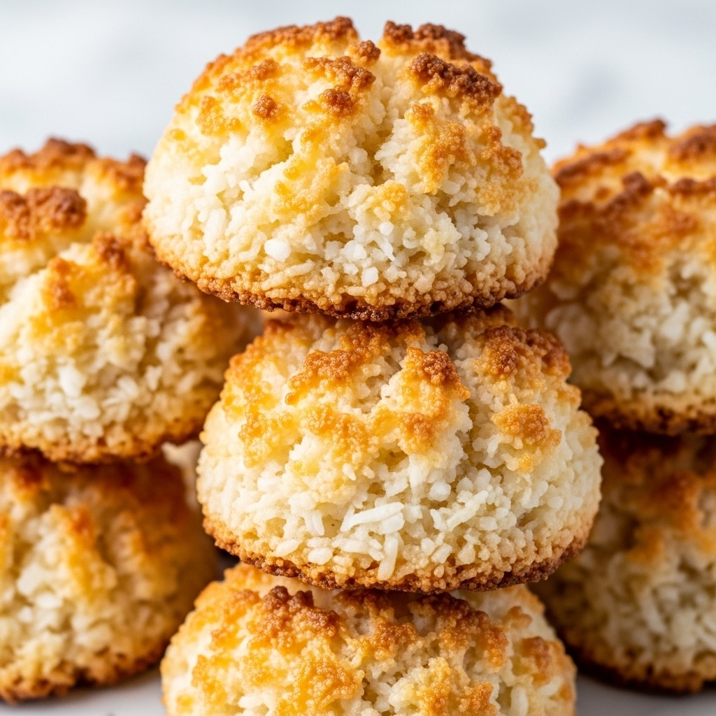 A close-up view of several golden-brown coconut macaroons stacked on top of each other. Each macaroon is dome-shaped with a rough, craggy texture showing toasted edges and soft, white coconut bits inside. The macaroons have a slightly crispy outer layer with a moist interior, and they are set against a soft white marbled background for a clean look. photo taken with an iphone --ar 4:5 --v 7