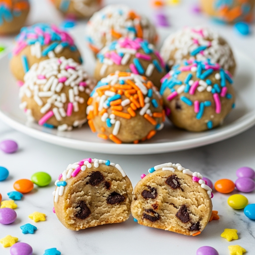 A white plate holds about seven round cookie dough balls, each covered in colorful, thin sprinkle pieces of white, pink, blue, orange, yellow, and purple. The dough balls have a light tan color with visible small dark chocolate chips inside. Two dough balls are in the front center, both split open to show a soft, moist inside with chocolate chip bits. Around the plate, there are loose bright, round, and star-shaped candy sprinkles scattered over a white marbled surface. In the background, blurry soft shapes of more dough balls and pastel colors can be seen. photo taken with an iphone --ar 4:5 --v 7