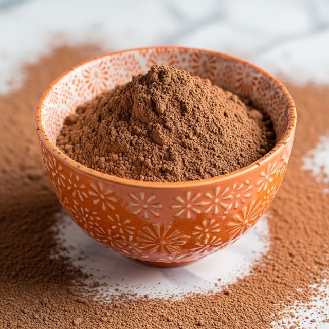 A close-up image of a textured, orange bowl with a floral pattern on the outside, filled to the brim with fine dark brown powder. The bowl is placed on a surface covered in the same powder, creating a soft, dusty background with slightly uneven spreading. The bowl’s orange color contrasts with the deep brown cocoa powder inside, which has a fluffy and light texture. The overall scene is simple, focusing on the bowl and the powder with a shallow depth of field. The background and surface use a white marbled texture. photo taken with an iphone --ar 4:5 --v 7