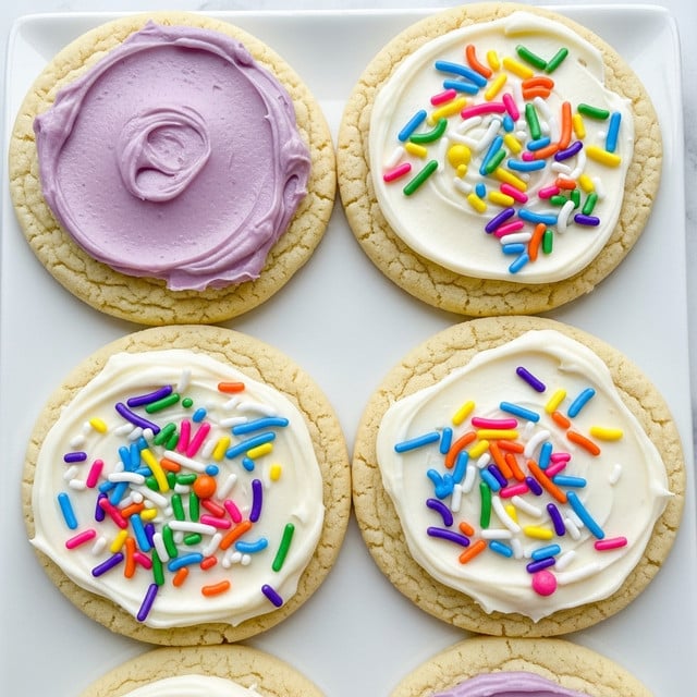 The image shows four round sugar cookies arranged closely on a white plate with soft, creamy white frosting spread unevenly on top of each cookie. Two of the cookies are decorated with colorful sprinkles in various bright hues including purple, red, yellow, blue, green, orange, pink, and white, scattered freely over the frosting. The cookies have a light golden-brown color and a soft, slightly crumbly texture. The scene is set on a white marbled surface, giving a clean and fresh appearance. photo taken with an iphone --ar 4:5 --v 7