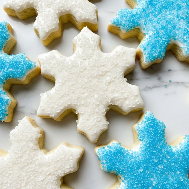 The image shows a close-up of several snowflake-shaped sugar cookies laid on a white marbled surface. Each cookie has one layer of smooth white icing covering the top, with granular sugar sprinkles as decoration. One cookie has clear coarse sugar crystals scattered evenly, creating a sparkling effect. Another cookie is decorated with fine blue sugar crystals along the edges, giving it a bright outline. The cookie dough is a light golden color visible near the edges beneath the icing. The texture of the icing is smooth and slightly shiny, contrasting with the rough texture of the sugar sprinkles. Photo taken with an iphone --ar 4:5 --v 7