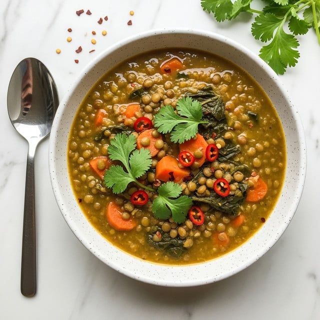 A white speckled bowl filled with thick lentil soup that has a greenish-brown color with visible soft orange carrot chunks and wilted dark green leaves mixed in. The soup is topped with bright green fresh cilantro leaves and small red chili flakes scattered on the surface. A silver spoon with a dark handle rests beside the bowl on a white marbled surface, with some sprigs of cilantro near the top right corner. photo taken with an iphone --ar 4:5 --v 7