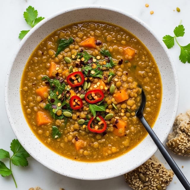 A white speckled bowl filled with thick lentil soup, showing visible soft orange chunks, green leafy pieces, and red chili flakes sprinkled on top with small yellow seeds. The soup looks textured and hearty with a matte golden-brown color. A black spoon rests inside the bowl, partially submerged in the soup. The bowl is placed on a white marbled surface, with some green herb sprigs scattered around and some pieces of crusty seed-topped bread near the bowl. photo taken with an iphone --ar 4:5 --v 7
