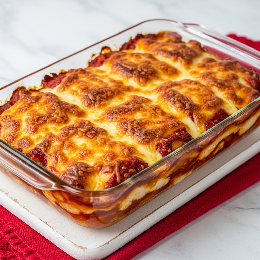 A rectangular glass baking dish filled with a baked lasagna that has a thick, bubbly, golden brown cheese layer on top. The melted cheese covers irregular layers of red sauce and pasta beneath, visible through some uneven spots where the cheese browned more. The dish sits on a wooden board which rests on a bright red textured cloth, all set against a white marbled surface background. photo taken with an iphone --ar 4:5 --v 7