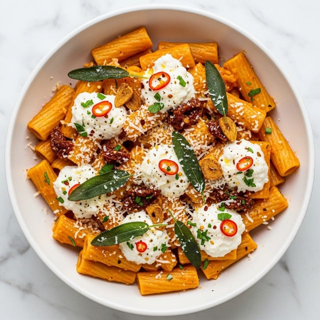 A white bowl filled with rigatoni pasta coated in a creamy light yellow sauce, topped with browned crispy chunks of orange butternut squash, scattered dark green fried sage leaves, small red chili flakes, and white grated cheese, creating a mix of textures and colors. A silver fork rests on the right side inside the bowl, all placed on a white marbled surface. photo taken with an iphone --ar 4:5 --v 7
