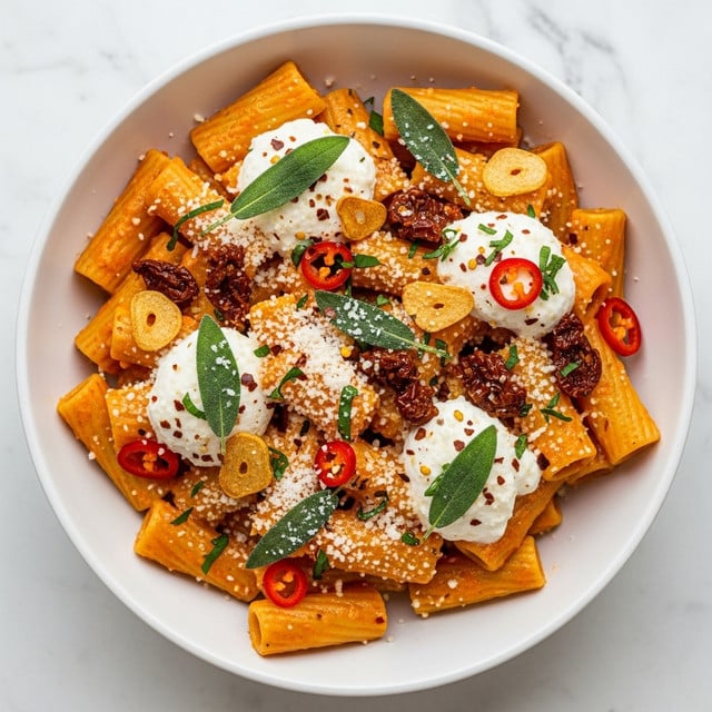 A white bowl filled with rigatoni pasta coated in a rich orange sauce, topped with dollops of white ricotta cheese, sprinkled with finely grated white cheese, and scattered with crispy browned bits that look like sun-dried tomatoes or fried garlic. Fresh dark green sage leaves are spread on top, along with small red chili flakes and bits of chopped herbs, all resting on a white marbled texture surface. photo taken with an iphone --ar 4:5 --v 7