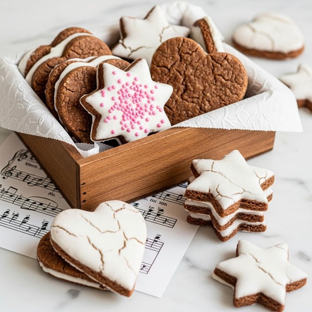 There is a small wooden box filled with star and heart-shaped cookies. The cookies are mostly brown with a rough texture and are covered in a thin layer of white icing that looks slightly cracked. Some cookies are stacked in pairs, showing a layer of white icing between them. A few cookies are placed outside the box on a white marbled surface with music sheet paper underneath the box. One star-shaped cookie inside the box has pink sprinkles on the white icing. The overall look is cozy and homemade. Photo taken with an iphone --ar 4:5 --v 7