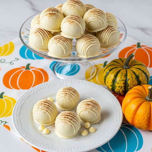 The image shows two layers of round white chocolate-covered treats. The top layer is a clear glass pedestal dish holding about 15 smooth, shiny white chocolate balls drizzled with thin lines of white chocolate and sprinkled with a light brown powder. Below, a white plate holds six similar white chocolate balls, also drizzled and dusted with the same light brown powder, with a few white chocolate chips scattered around them. Both dishes sit on a white marbled surface covered by a cloth with bright orange, yellow, and blue pumpkin designs. To the right of the plates, there are two small decorative pumpkins, one yellow-green and the other orange with green streaks. photo taken with an iphone --ar 4:5 --v 7