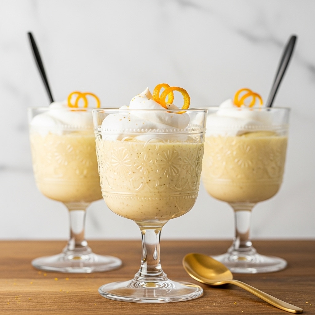 The image shows a clear, delicate glass cup filled with two layers: a smooth, pale yellow pudding at the bottom with tiny vanilla specks, and a fluffy white dollop of cream on top. An orange zest spiral rests gently on the cream, adding a pop of color. The glass has an elegant floral pattern etched on its sides and a long stem. The glass cups are placed on a wooden surface with a blurred white marbled texture background. A dark spoon is seen in one glass, and a golden spoon rests nearby. Photo taken with an iphone --ar 4:5 --v 7