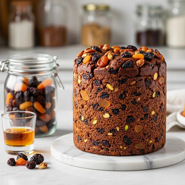 A tall, round fruitcake sits on a white marbled surface with a rustic look. The cake has a dark brown color with specks of black and light brown fruits and nuts all over it, giving it a dense and textured appearance. The top is slightly rough and shiny, showing a baked crust. To the left, there is a clear glass jar with mixed dried fruits and a short glass with amber-colored liquid next to it. The background is blurred with old kitchen items in warm tones creating a cozy and vintage atmosphere. photo taken with an iphone --ar 4:5 --v 7