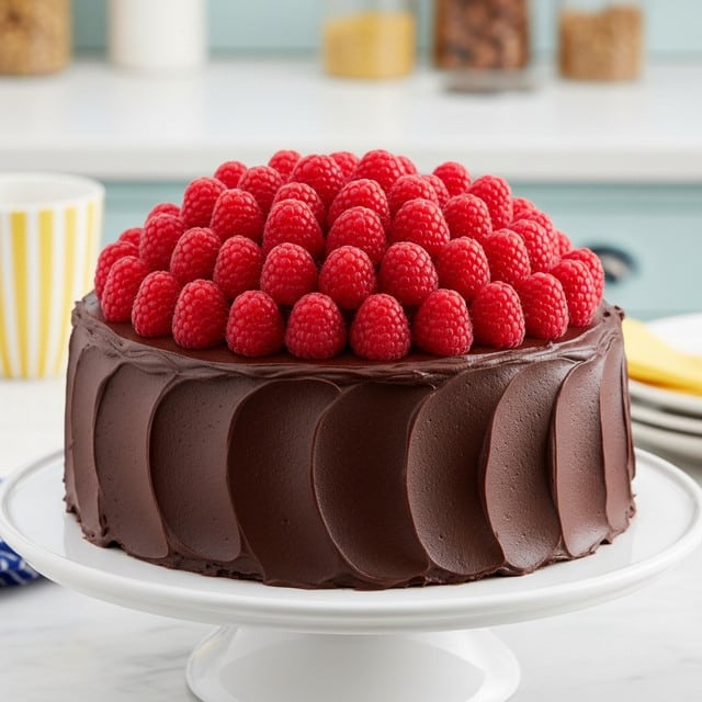 A round cake with two thick layers covered in smooth, dark brown chocolate frosting is displayed on a white cake stand. The top layer is fully covered with a neat layer of bright red raspberries arranged close together, creating a dense, textured top. The chocolate frosting around the sides is glossy with faint natural cracks and lines, giving it a rich, homemade look. The scene has a white marbled textured background with colorful blurred elements behind. photo taken with an iphone --ar 4:5 --v 7