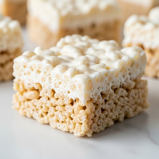 A close-up view of a square rice crispy treat with two visible layers: the bottom layer is light golden beige and made of puffed rice cereal tightly packed, while the top layer is a glossy, slightly creamy off-white made of melted marshmallow that binds the cereal together, creating a sticky and textured surface. The treat rests on a white marbled surface with soft lighting that highlights the puffed rice grains and the shiny marshmallow coating, giving a soft, inviting look. In the background, more rice crispy treats are slightly blurred. Photo taken with an iphone --ar 4:5 --v 7