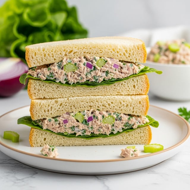 The image shows a sandwich cut in half and stacked, placed on a white plate with a thin beige rim, set on a white marbled texture. The sandwich has two thick slices of light beige bread with a soft, airy texture. Between the bread layers is a creamy filling mixed with finely chopped green herbs, small bits of purple onion, and some celery pieces, giving it a speckled look. There is a single crisp green lettuce leaf at the bottom layer that slightly sticks out from the sandwich. Small bits of the filling are scattered on the plate around the sandwich. In the blurred background, there is some fresh green lettuce, a red onion, and a white bowl filled with the same creamy filling. photo taken with an iphone --ar 4:5 --v 7