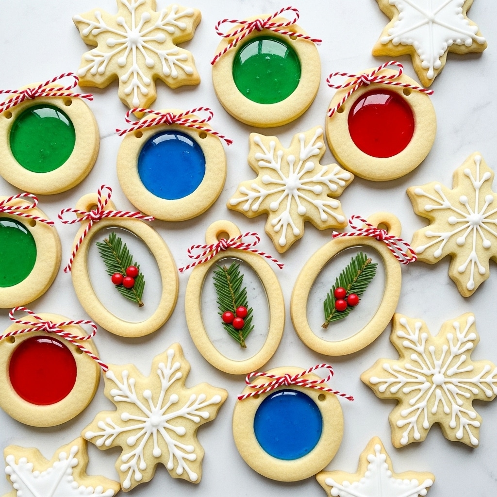 A mix of light yellow sugar cookies shaped like stars, snowflakes, and ovals is spread on a white marbled surface. Several cookies have cut-out centers filled with translucent colored candy in shades of blue, red, and green, creating stained glass effects. Some oval cookies have small clusters of red berries and green pine needles embedded in the clear candy center. White icing decorates many snowflake and star shapes with simple lines and dots, contrasting with the smooth cookie base. A few cookies have small holes near the edges with red and white striped strings threaded through for hanging. The overall arrangement is festive and bright with a mix of smooth, shiny candy and soft, matte cookie textures photo taken with an iphone --ar 4:5 --v 7