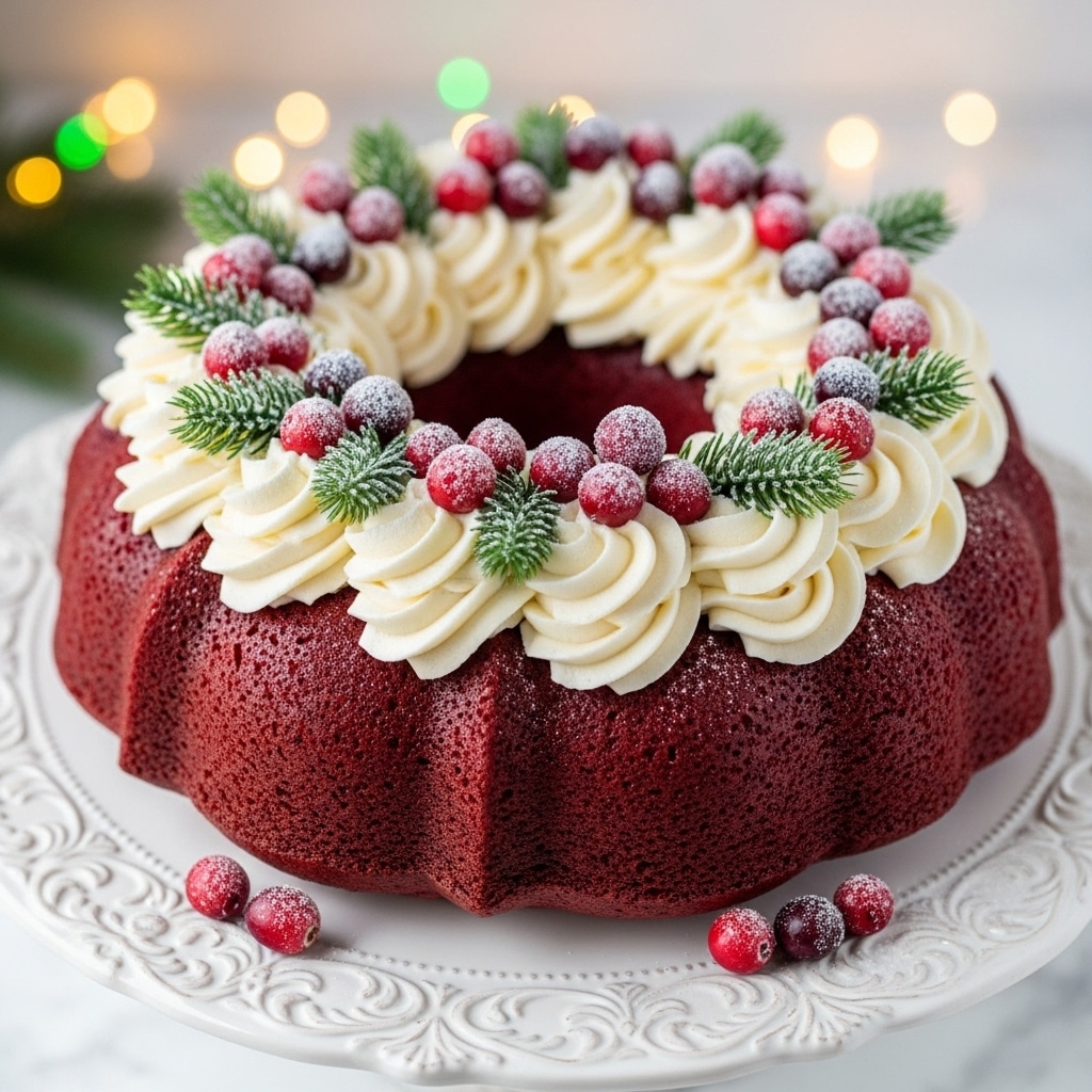 A rich red bundt cake with a thick layer of smooth, creamy white frosting piped in large swirls around the top edge. The cake sits on an ornate white cake stand with detailed patterns. The top of the frosting is decorated with frosted red cranberries and small green pine sprigs dusted lightly with powdered sugar. Some cranberries are scattered at the base of the cake on the cake stand. The background has soft warm lights blurred with a hint of green, and the cake stand sits on a white marbled texture. photo taken with an iphone --ar 4:5 --v 7