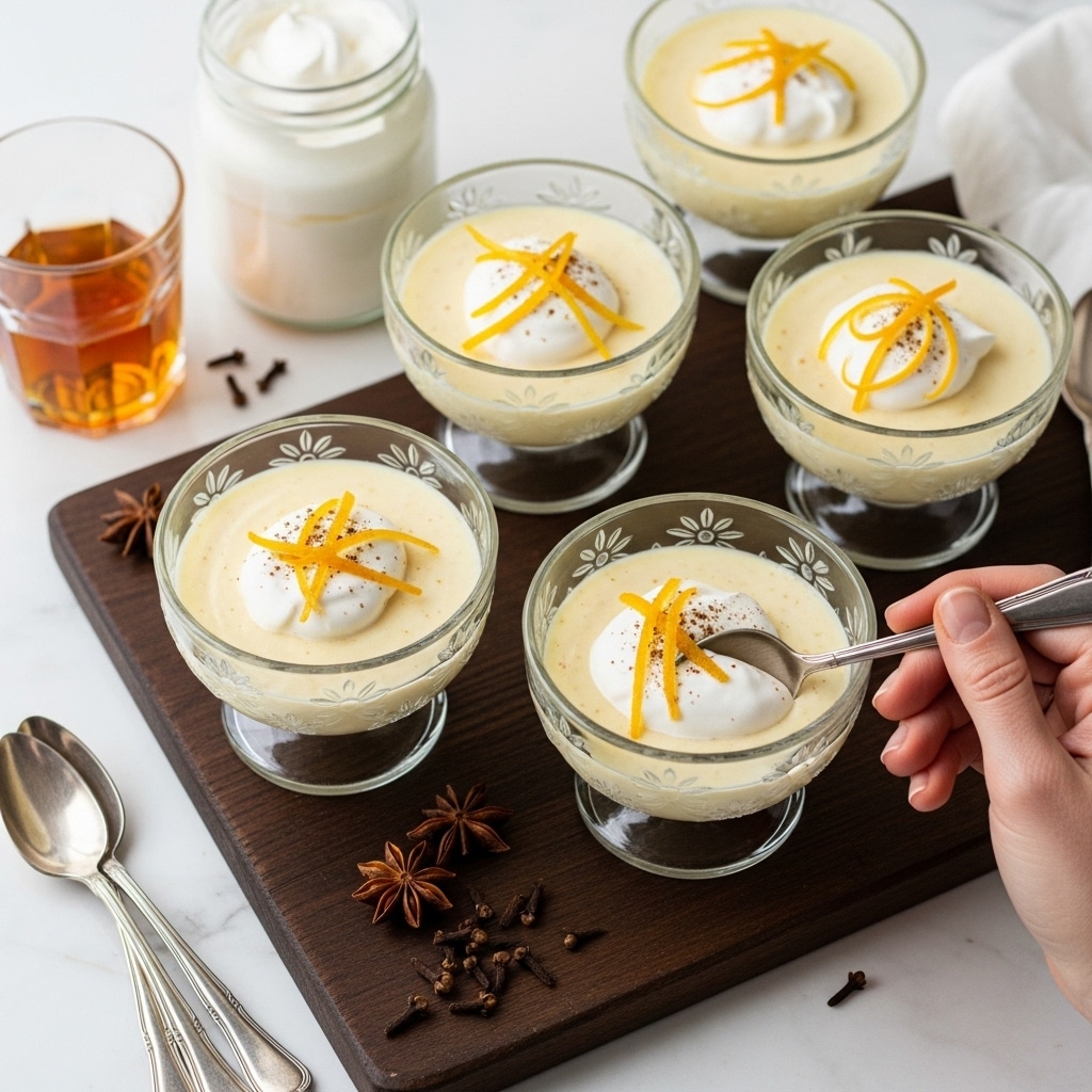 Four glass dessert bowls filled with smooth pale yellow pudding, each topped with a dollop of white whipped cream and thin strips of bright orange citrus peel. The bowls have a floral pattern etched around the rim and are placed on a dark wooden board. Scattered near the board are star anise and cloves, adding a touch of warm brown. Nearby, a jar of whipped cream and a glass of amber liquid sit on a white marbled surface. Three silver spoons rest to the side on the wooden board. One dessert bowl has a woman's hand holding a spoon, slightly dipping into the pudding. photo taken with an iphone --ar 4:5 --v 7