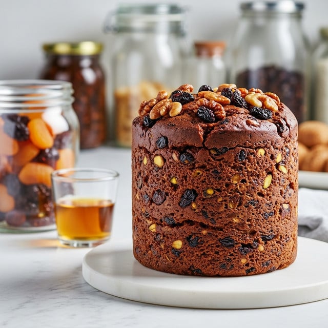 The image shows a tall, round fruitcake with a dark brown and slightly glossy surface, filled with visible chunks of dried fruits and nuts all throughout its dense texture. It sits on a white marbled surface with a white base underneath it. To the left, there is a glass jar filled with more dried fruits and a small glass of amber-colored liquid beside it. The background is softly blurred with various jars and kitchen items, adding a warm, rustic feel. Photo taken with an iphone --ar 4:5 --v 7