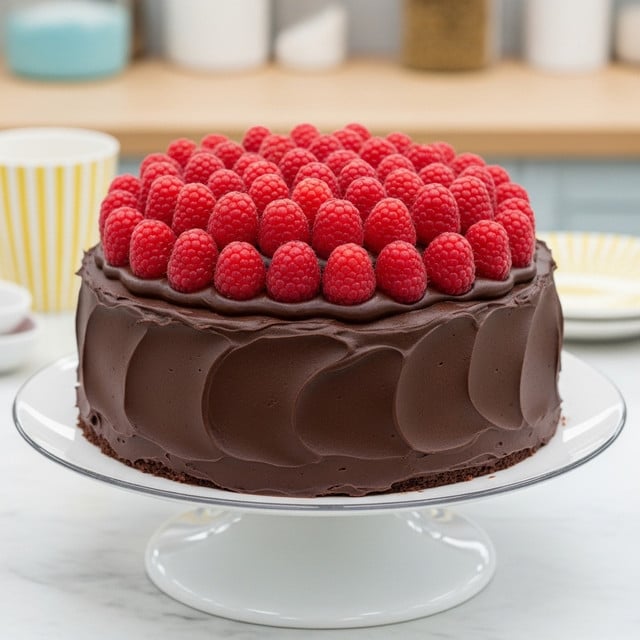 The image shows a round chocolate cake with dark, smooth, and thick chocolate frosting covering the entire outside surface. On top, there are two layers: the bottom layer is the chocolate cake, and the top layer is a dense pile of fresh red raspberries, neatly arranged side by side to form a bright, textured crown. The cake sits on a white cake stand with a clear rim, placed on a white marbled surface. In the blurred background, there is a yellow striped cup and other kitchen items. Photo taken with an iphone --ar 4:5 --v 7