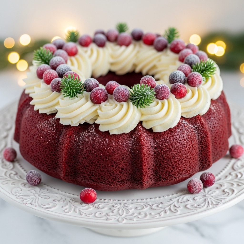 A red bundt cake with a textured surface sits on a white ornate cake stand, showing ridges all around. The top layer is thick white cream swirled in large loops that follow the bundt shape, with frosted red berries and frosted green pine sprigs evenly placed on top, forming a crown. Some frosted red berries are also scattered around the base of the cake on the cake stand. The background is softly blurred with warm lights and green pine hints on a white marbled texture. photo taken with an iphone --ar 4:5 --v 7