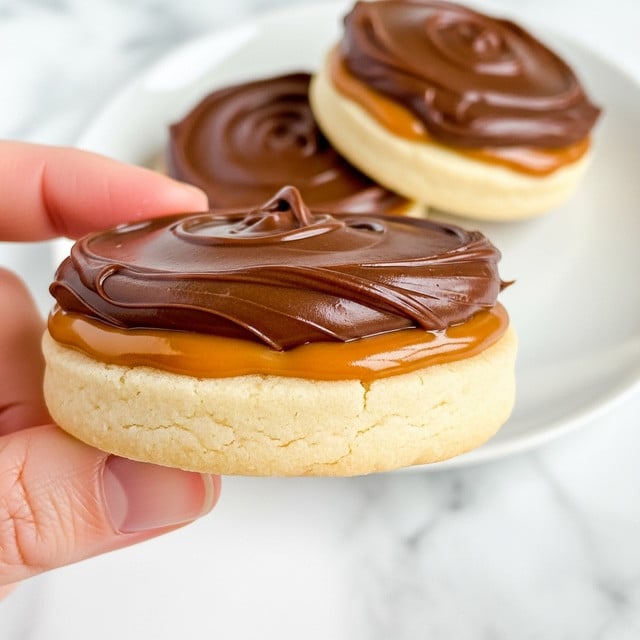 Three round cookies are on a white plate, each cookie has three layers: the bottom layer is a light yellow, soft-looking cookie, the middle layer is a shiny, smooth caramel that peeks out around the edges, and the top layer is a thick, glossy dark brown chocolate spread in a circular shape with slight swirls on the surface. One cookie is partially bitten showing the soft texture of the cookie and the layered fillings inside. The plate is placed on a white marbled texture with a blue and white checked cloth underneath. Photo taken with an iphone --ar 4:5 --v 7