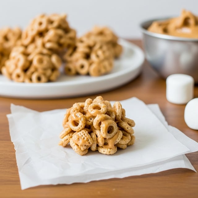 A single small cluster of light tan peanut butter cereal treats sits on two layers of slightly crumpled white parchment paper on a wooden table. The treat is lumpy with visible cereal shapes coated in a smooth, shiny peanut butter mixture. In the background, there is a white round plate with several similar clusters of the same color and texture. To the right, part of a metal bowl filled with creamy brown peanut butter is visible, along with a white marshmallow nearby. The scene is softly lit with a simple, natural look. Photo taken with an iphone --ar 4:5 --v 7