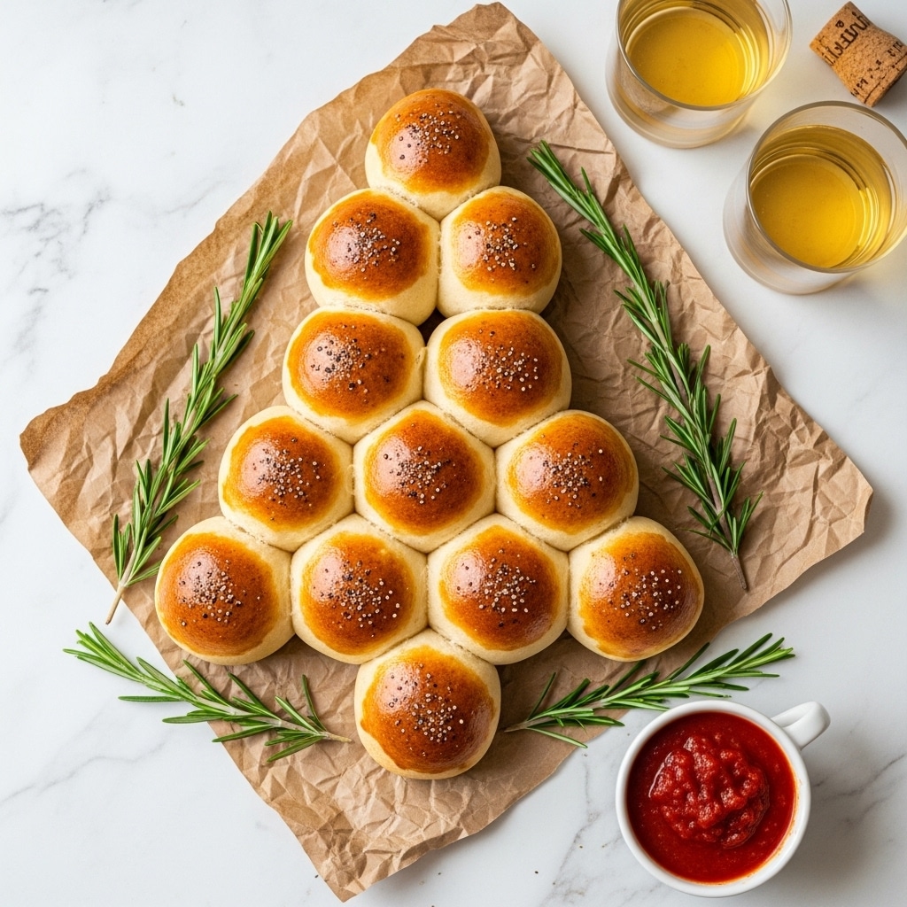 A cluster of golden brown, baked dough balls with a shiny, slightly crisp surface sprinkled with black pepper sit closely together on brown parchment paper, with some green rosemary sprigs nearby. One dough ball is pulled apart by a woman's hand, revealing stretchy, melted white cheese inside. In the bottom left, there is a white measuring cup filled with thick, rich red marinara sauce with visible small chunks, placed on a white marbled surface. The dough balls look soft and fluffy inside with a smooth, glossy outer crust. Photo taken with an iphone --ar 4:5 --v 7