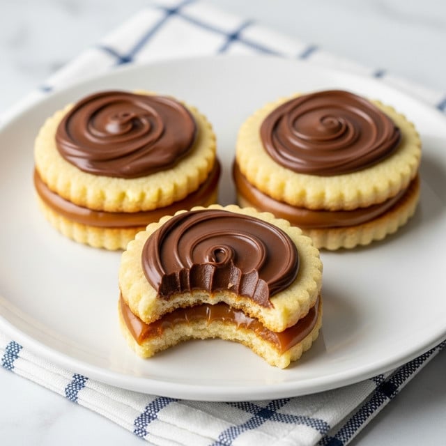 A close-up of a cookie held by a woman's hand, showing three layers: the bottom layer is a light beige, smooth and firm cookie base; the middle layer is a shiny, golden caramel spread evenly; and the top layer is a thick, glossy dark chocolate spread with gentle swirls, slightly glossy and creamy in texture. In the background, there are two similar cookies on a white plate, sitting on a white marbled surface. photo taken with an iphone --ar 4:5 --v 7