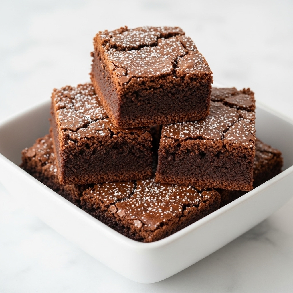 A close-up of four chocolate brownies stacked in a small white square bowl, each brownie showing a cracked top, slightly crispy edges, and a dense, fudgy texture inside. The top layer is dark brown with a light sprinkling of powdered sugar, creating contrast. The white marbled surface underneath the bowl highlights the rich colors of the brownies, making the dessert look inviting. photo taken with an iphone --ar 4:5 --v 7