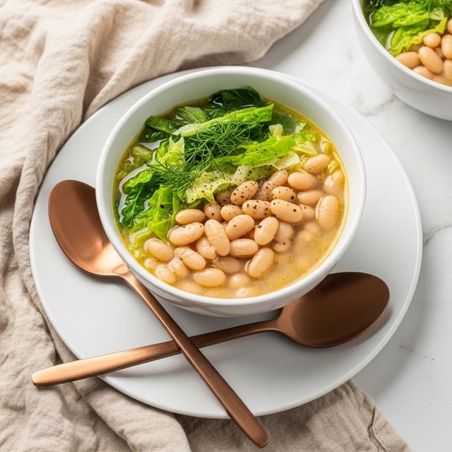 A white bowl filled with a soup that has three main layers: the bottom layer is a light creamy broth, the middle layer shows whole white beans scattered evenly, and the top layer is made up of bright green leafy cabbage pieces and sprigs of fresh dill, all lightly sprinkled with black pepper. The bowl sits on a white plate next to two shiny copper spoons arranged crossed, all placed on a soft, wrinkled beige cloth over a white marbled surface. Another similar bowl with the same soup is partially visible in the top right corner. Photo taken with an iphone --ar 4:5 --v 7