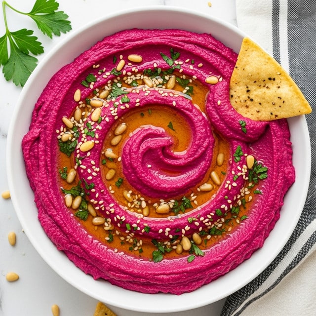 A white bowl filled with vibrant pink beet hummus that has a smooth and creamy texture with swirling ridges on the surface. The top is drizzled with shiny olive oil, scattered with small pine nuts, white sesame seeds, and chopped green herbs. A triangular pita chip with a golden-baked look is dipped into the hummus on the right side of the bowl. The bowl sits on a white marbled surface with a bit of green parsley and a striped cloth visible nearby. Photo taken with an iphone --ar 4:5 --v 7