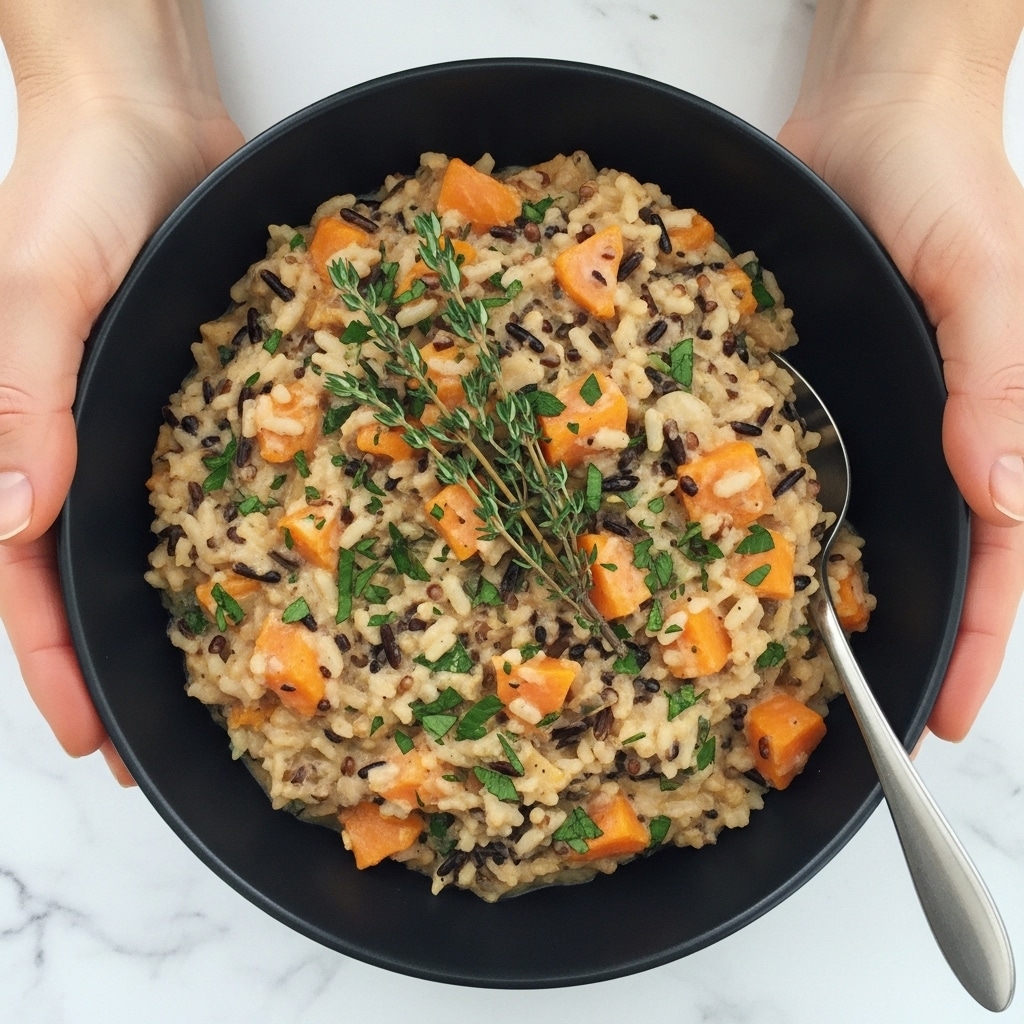 A black bowl filled with a creamy mixed rice dish held by two woman's hands over a white marbled surface, the dish has a thick texture with visible chunks of orange sweet potato, black wild rice grains, and bits of green herbs scattered throughout. On top, there are two sprigs of fresh thyme resting diagonally, adding a touch of green. A silver spoon is partially inserted into the dish on the right side of the bowl. The overall color layers include creamy beige from the sauce, bright orange from the sweet potatoes, dark brown to black from the wild rice, and vibrant green from herb garnishes. Photo taken with an iphone --ar 4:5 --v 7