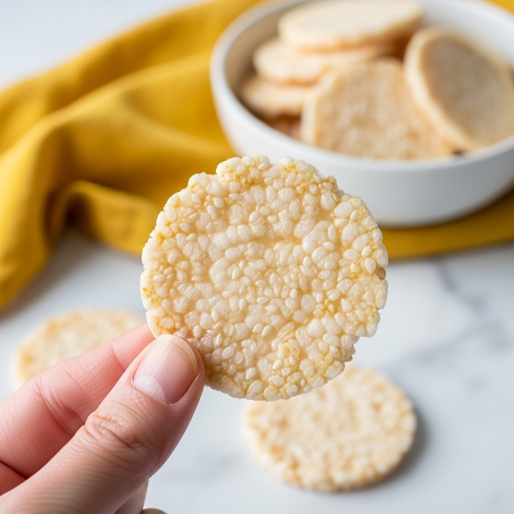 A close-up of a thin, round, crispy rice cracker with a pale off-white color, slightly translucent texture, and small white sesame seeds scattered on its surface. The cracker is held delicately between a thumb and index finger of a woman's hand. In the blurred background, more similar crackers are stacked in a white bowl placed on a yellow cloth, all set on a white marbled surface. photo taken with an iphone --ar 4:5 --v 7